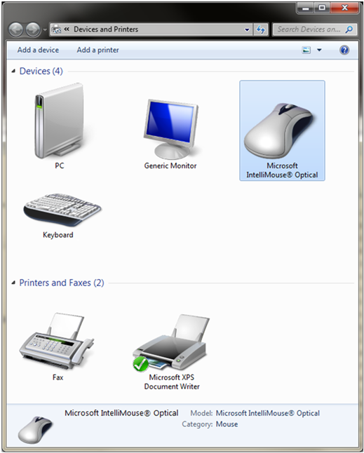 captura de tela da janela de dispositivos e impressoras exibindo ícones para um teclado usb e mouse.