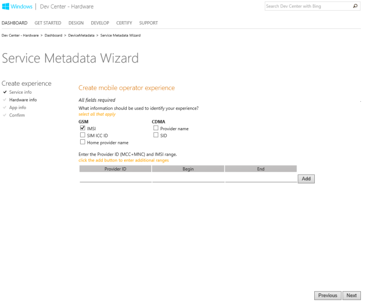 Captura de tela da etapa Informações de Hardware no Assistente de Metadados de Serviço.