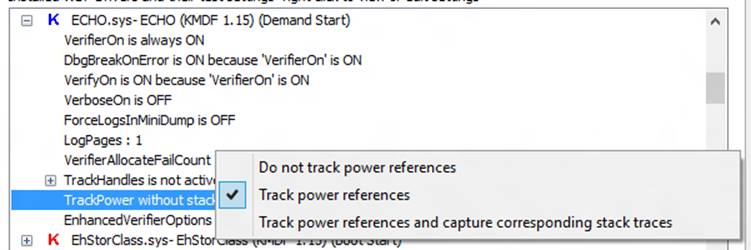 Captura de tela da configuração do controle de referências de energia no WdfVerifier.