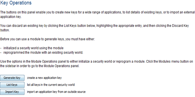 captura de tela do menu de operações de chave thales keysafe