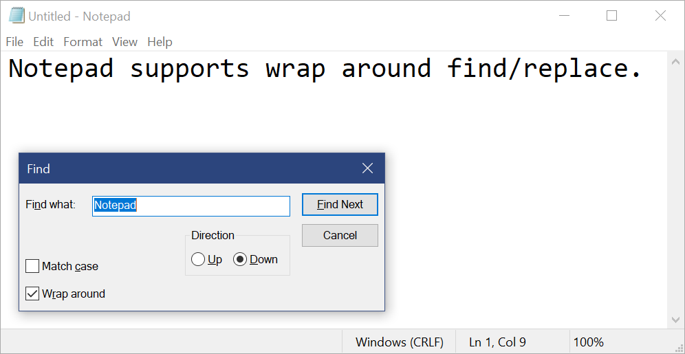 Diálogo de bloco de notas que dá suporte a wrap around find/replace.