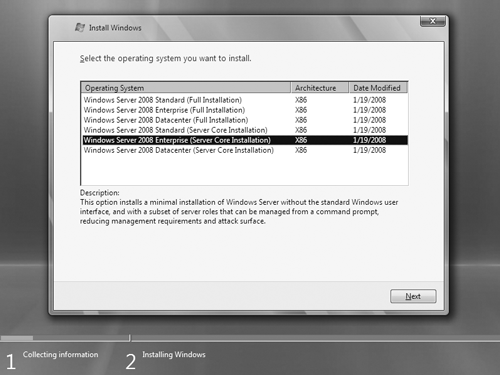Seleção de uma opção de instalação do Server Core