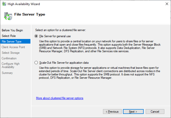 A screenshot of the High Availability Wizard. The user has opened the File Server Type tab and has selected the File Server for General use bubble.