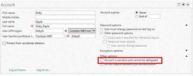 Screenshot that highlights the Account is sensitive and cannot be delegated check box.