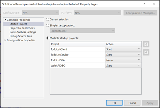 Screenshot of the Solution Property Pages dialog box showing the Multiple startup project option selected and all of the projects' actions set to Start.