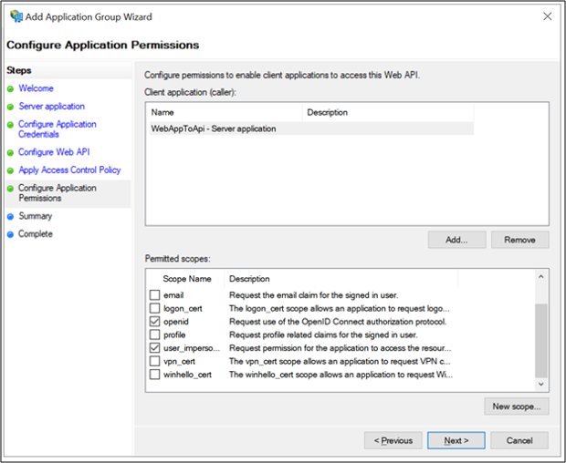 Screenshot of the Configure Application Permissions page of the Add Application Group Wizard showing the open I D and user impersonation options selected.