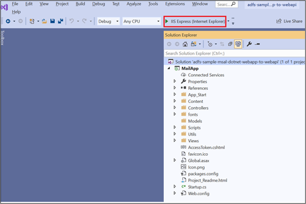 Screenshot of the Visual Studio UI with the IIS Express (Internet Explorer) option called out.