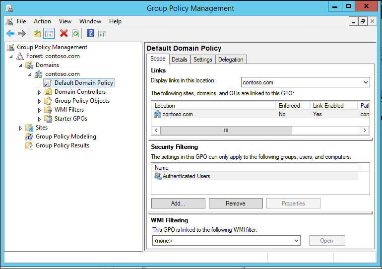 Screenshot showing the Default Domain Policy page in the Group Policy Management dialog box.