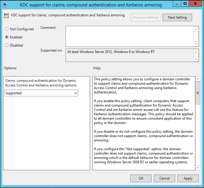 Screenshot of the KDC support for claims, compound authentication and Kerberos armoring dialog box showing the Supported option selected.