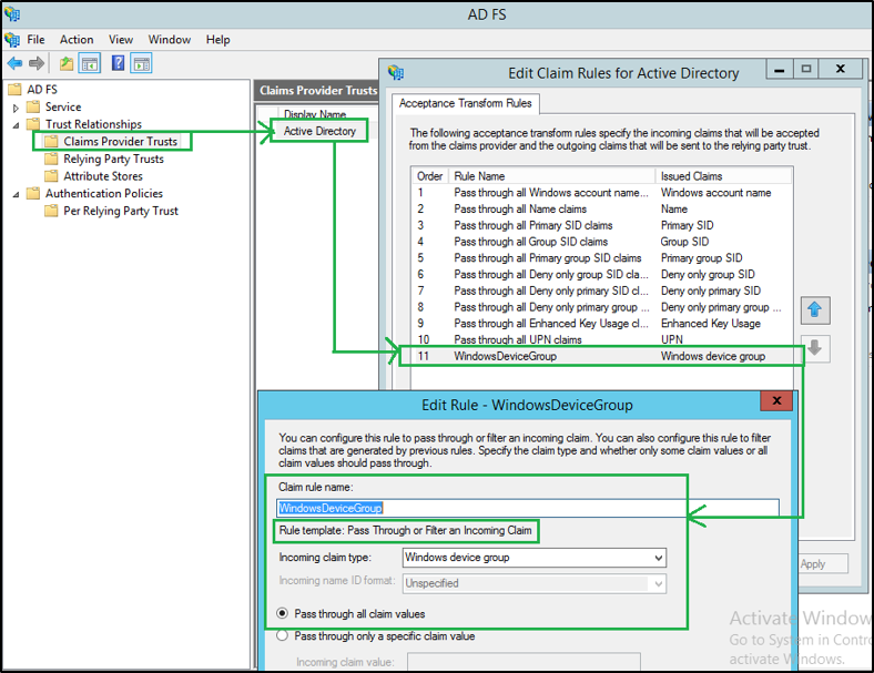 Screenshot of the AD FS, Edit Claim Rules for Active Directory, and Edit Rule - Windows Device Group dialog boxes with arrows and call outs showing the workflow described above.
