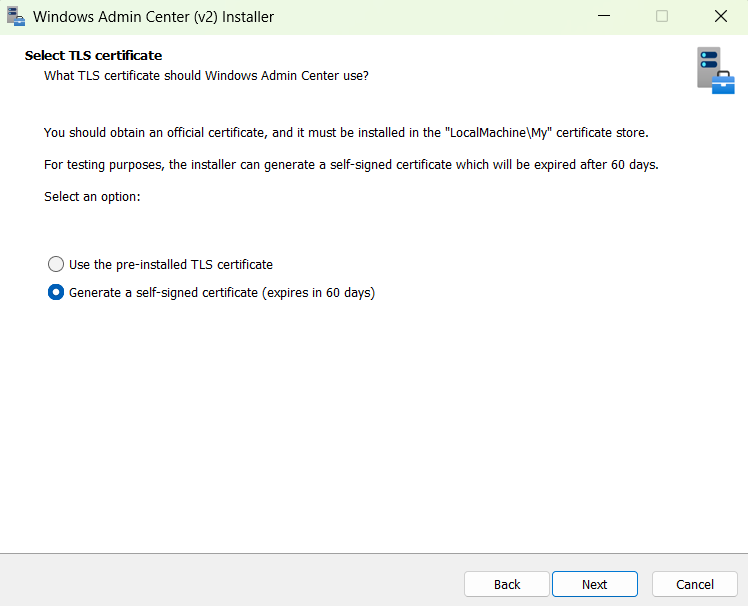 Captura de tela do Instalador do Windows Admin Center v2 com a opção de selecionar um certificado TLS pré-instalado ou gerar um certificado autoassinado.