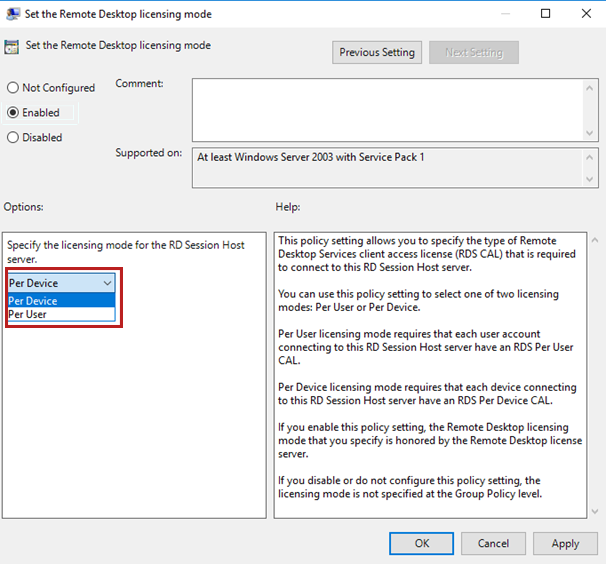 Uma captura de tela da janela “Definir o modo de licenciamento da Área de Trabalho Remota”. O menu suspenso para especificar o modo de licenciamento para o servidor Host da Sessão da RD está realçado com uma borda vermelha.