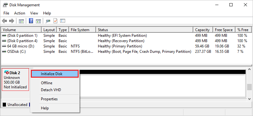 Captura de tela que mostra o Gerenciamento de Disco e o menu de clique com o botão direito do mouse para um disco não formatado com a opção Inicializar Disco selecionada.