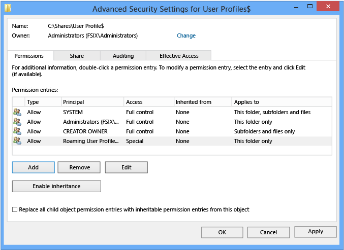 Advanced Security Settings window showing permissions as described in Table 1
