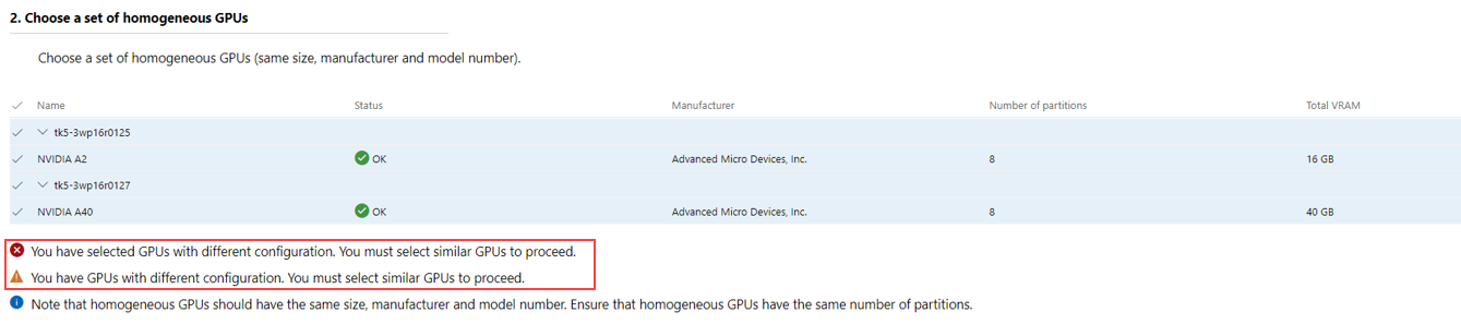 Captura de tela mostrando um erro ao selecionar GPUs com configurações diferentes.