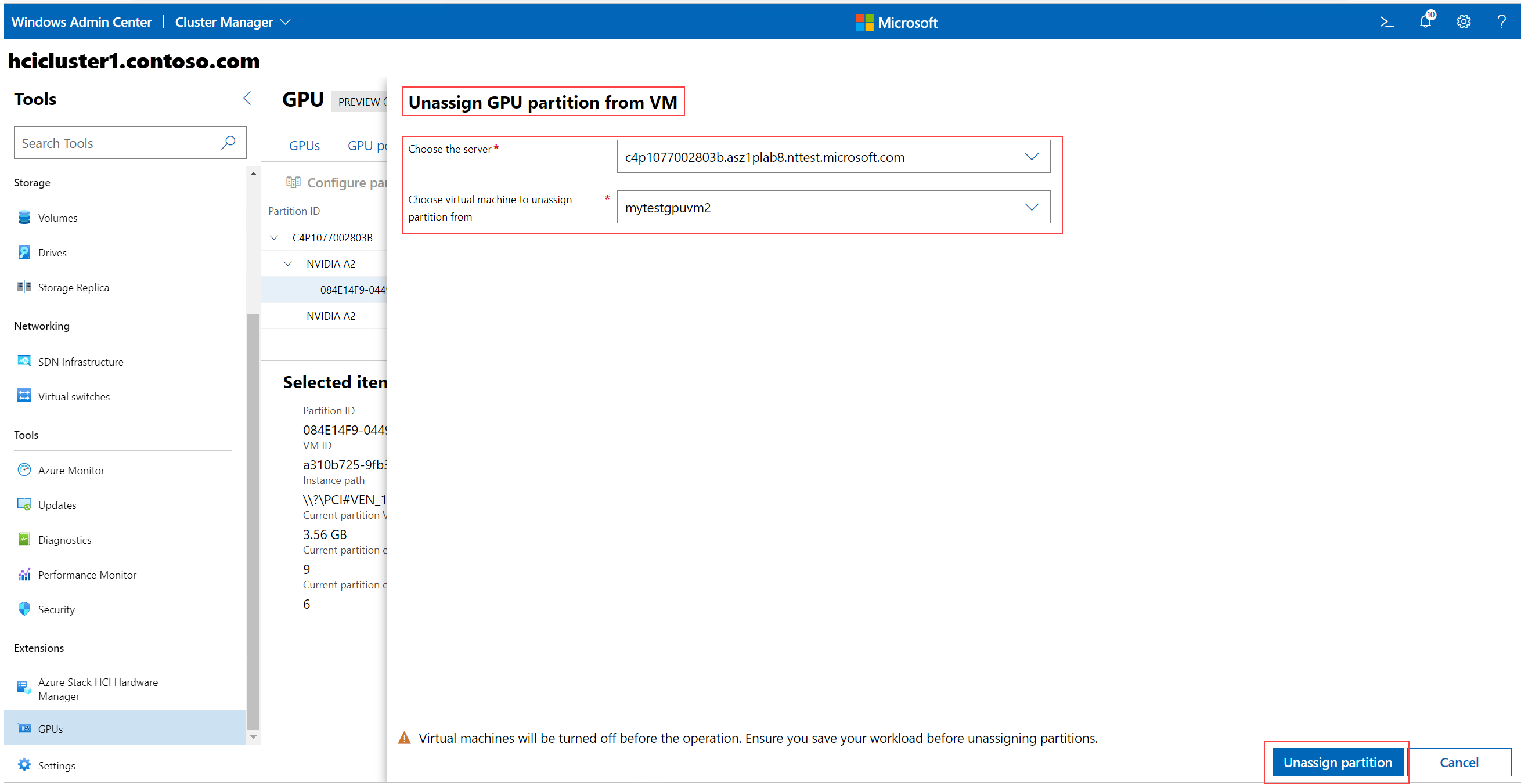 Captura de tela mostrando a página Cancelar atribuição de partição de GPU da VM.