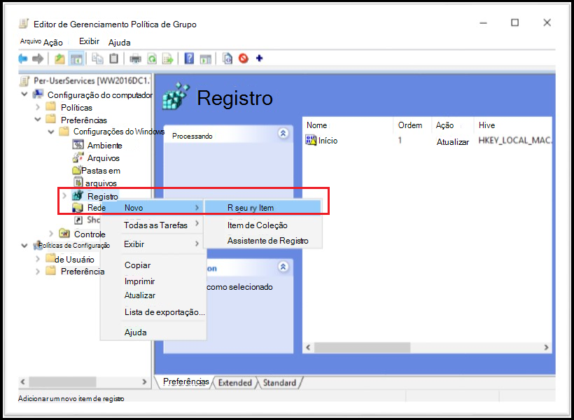 Captura de tela do Política de Grupo Management Editor destacando o menu contextual nas preferências do registro para criar um novo item de registro.