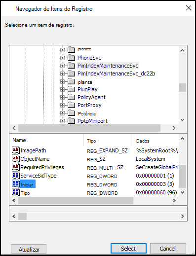 Captura de tela da janela Navegador de Itens do Registro com o item de registro PimIndexMaintenanceSvc selecionado e o valor Iniciar selecionado.