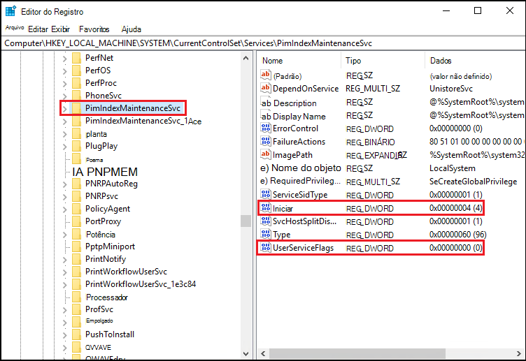 Captura de tela do Registro Editor aberto para HKEY_LOCAL_MACHINE\System\CurrentControlSet\Services\PimIndexMaintenanceSvc destacando o UserServiceFlag definido como 0.