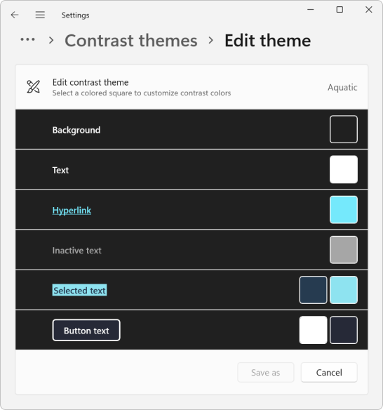Configurações - Editar caixa de diálogo de tema para o tema de contraste **Aquático**.