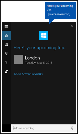 Captura de tela da conclusão do aplicativo em segundo plano da Cortana para uma próxima viagem