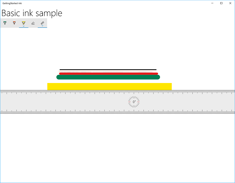 Captura de tela do aplicativo Exemplo de Tinta Básica realçado neste tópico com o InkToolbar padrão.