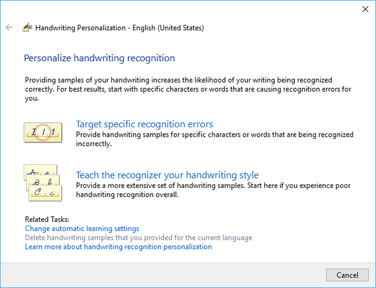 Captura de tela da caixa de diálogo Personalização de reconhecimento de manuscrito.