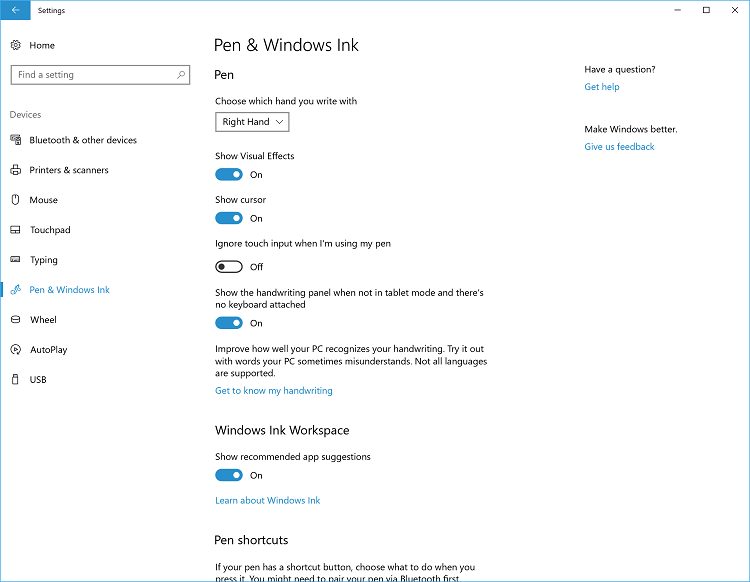 Captura de tela da página de configurações da Caneta e do Windows Ink.