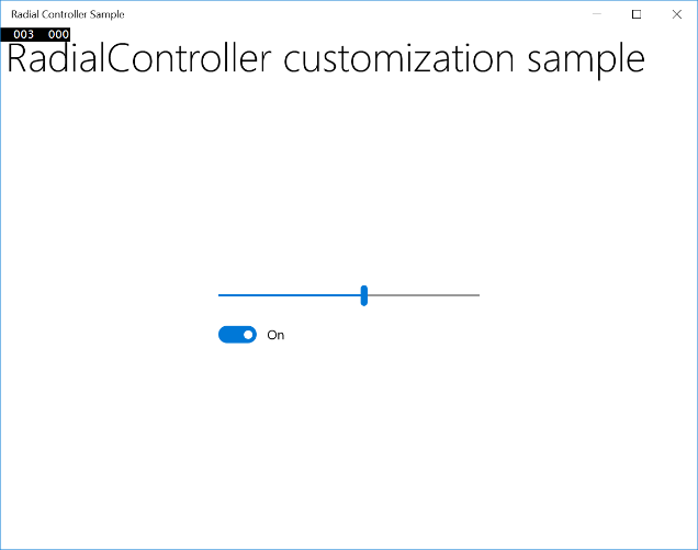 Captura de tela do Exemplo de Controlador Radial com o controle deslizante horizontal definido no meio.