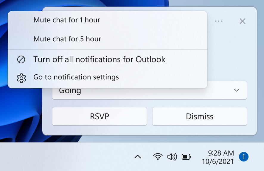 Uma captura de tela da área de trabalho cortada mostrando uma notificação com um menu de contexto.