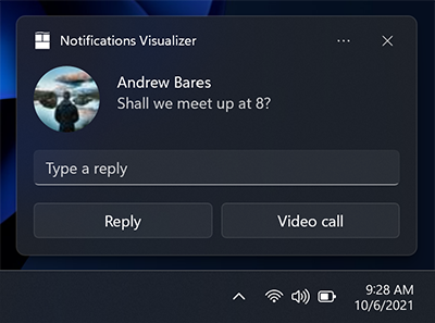 Uma captura de tela de uma notificação de aplicativo mostrando uma linha de texto, uma caixa de texto e uma linha com dois botões rotulados como 