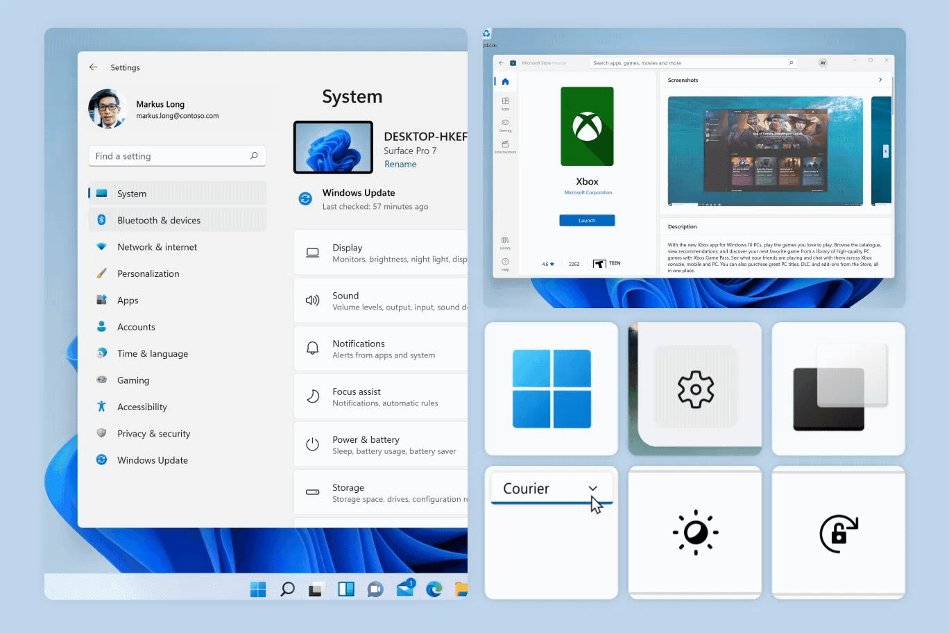 Uma imagem animada que mostra exemplos de transições de página, animações conectadas e ícones animados na interface do usuário do Windows.