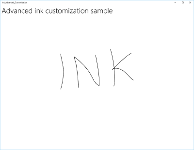 Captura de tela do aplicativo de exemplo de personalização de tinta Advances mostrando o InkCanvas com traços padrão de tinta preta.