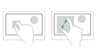 mover os dedos mais próximos reduz um objeto e movê-los para longe amplia-o