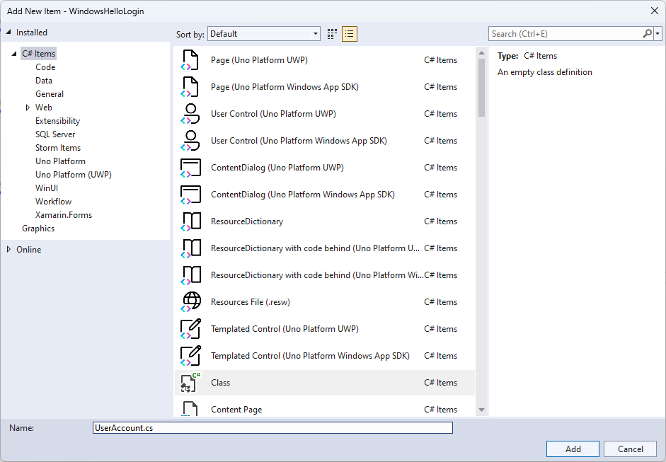 Uma captura de tela da criação da nova classe para autorização de usuário do Windows Hello