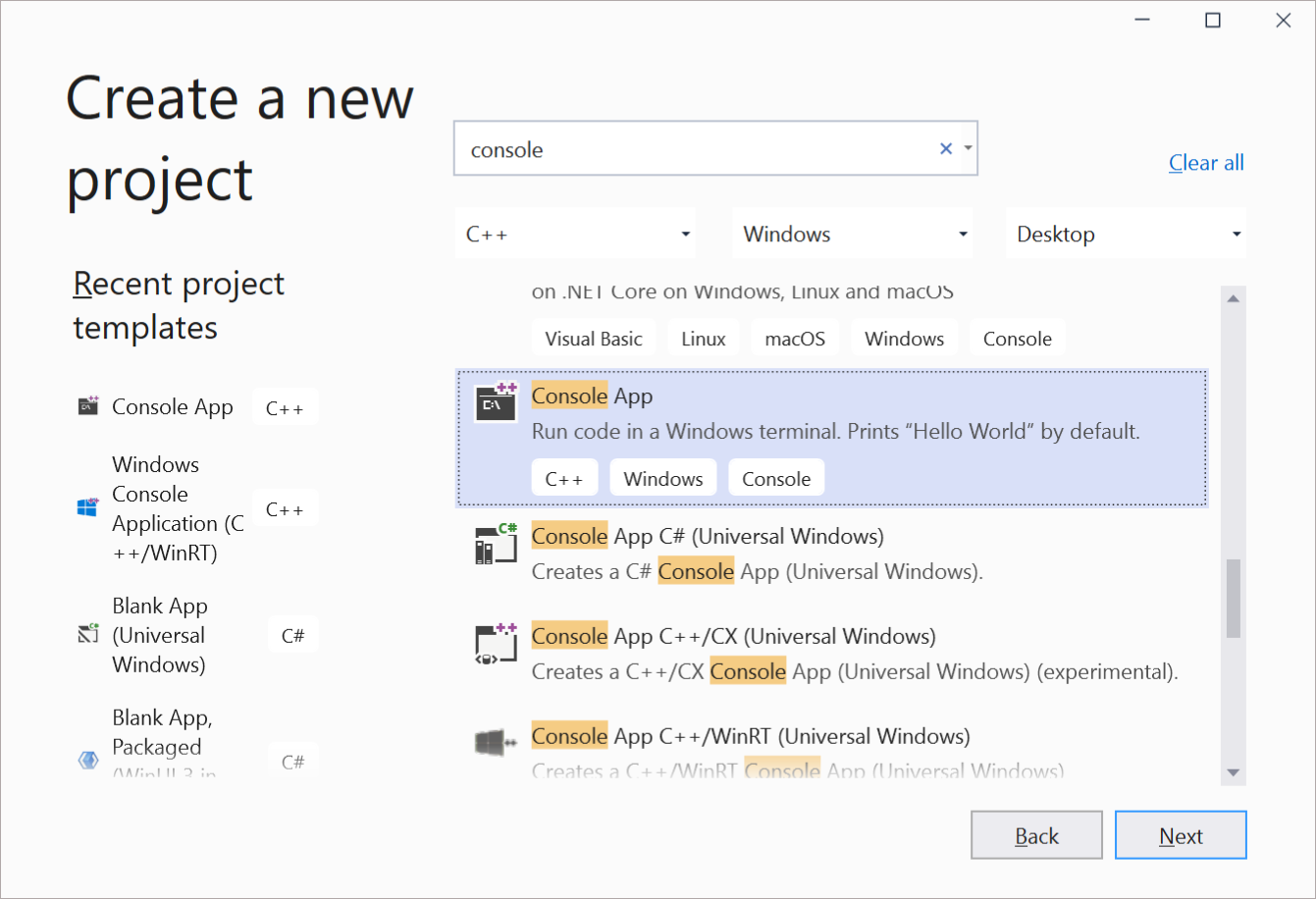 Captura de tela da criação de um novo aplicativo C++ no Visual Studio