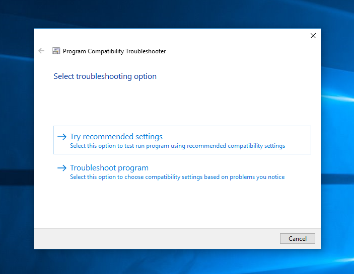 Captura de tela das opções de compatibilidade de solução de problemas.