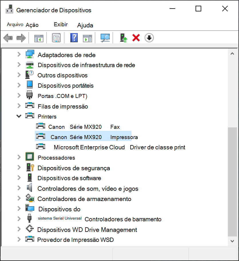 Selecionando a impressora no Gerenciador de Dispositivos.