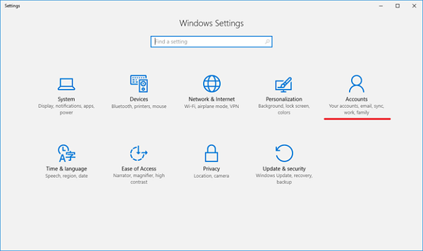 página de contas de configurações do windows.