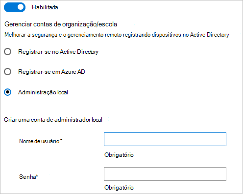 No Windows Configuration Designer, associe-se ao Active Directory, ao Microsoft Entra ID ou crie uma conta de administrador local.