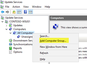Adicionar grupo de computadores na interface do usuário de administração do WSUS.