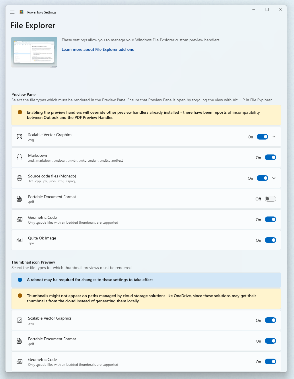 Captura de tela de Habilitar configurações do PowerToysFile Explorer