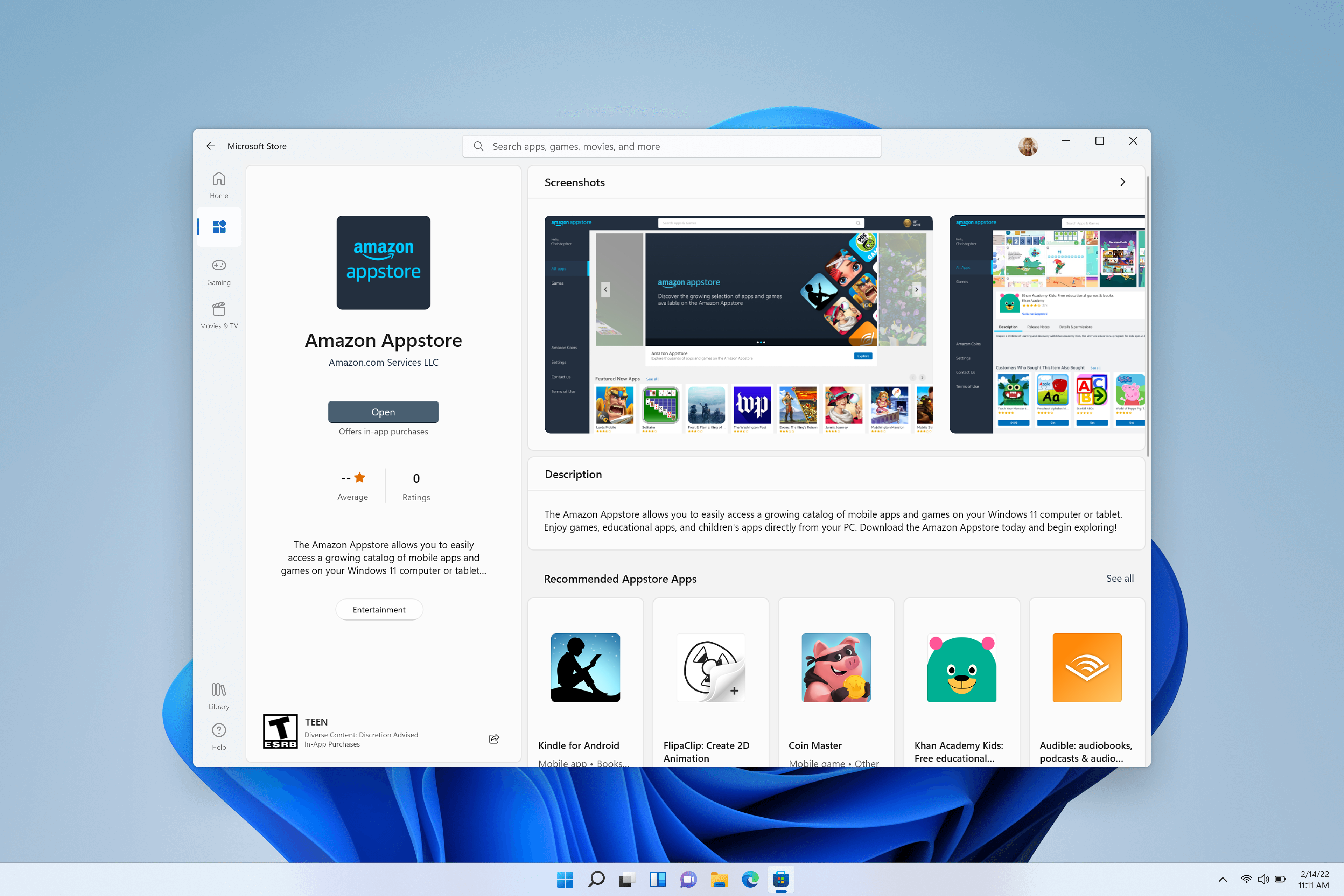 Captura de tela da página da Microsoft Store mostrando o botão Obter na Amazon Appstore