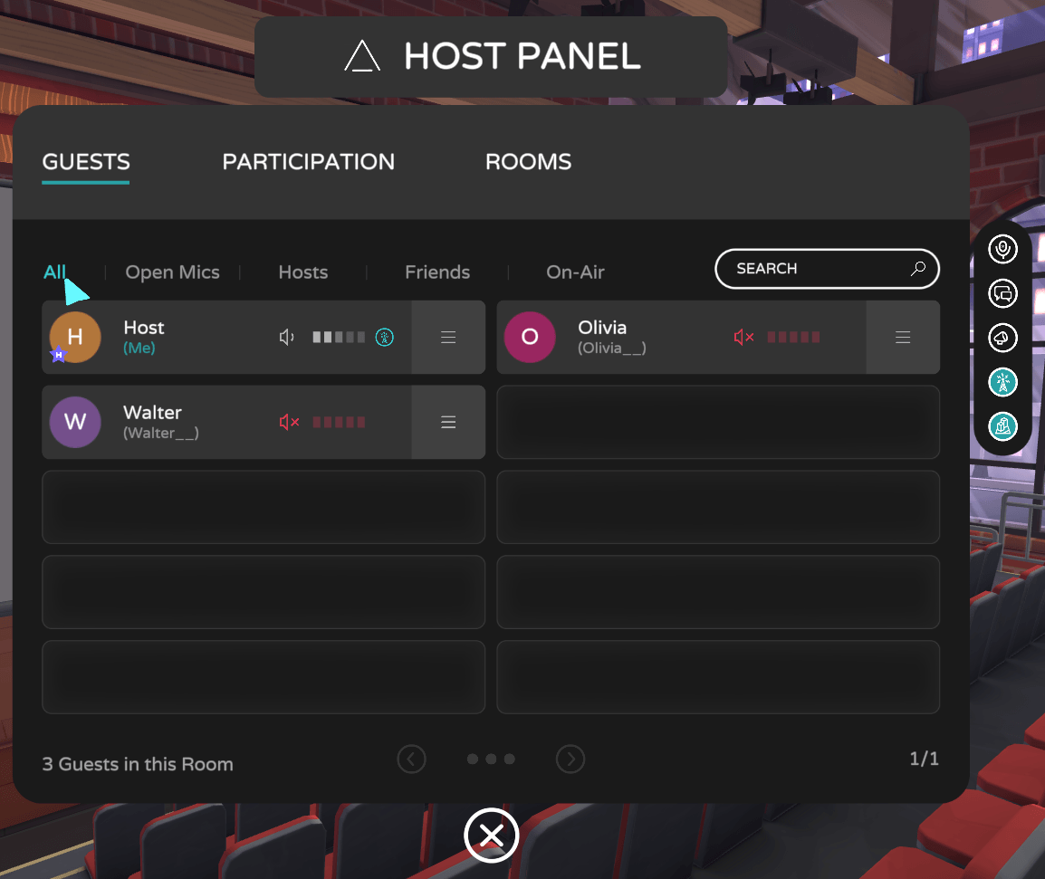 Host panel open with guests tab selected