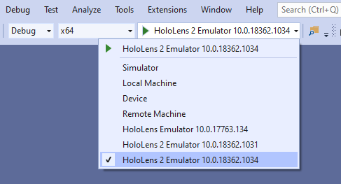 Destino do emulador no aplicativo do Visual Studio