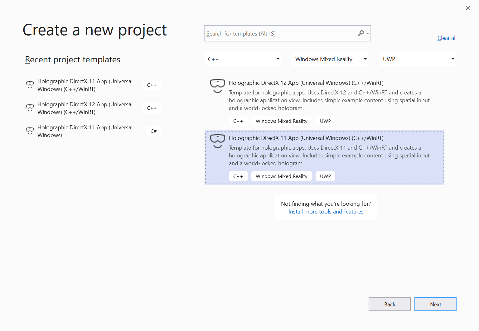 Captura de tela do modelo de projeto de aplicativo C++/WinRT UWP do Holographic DirectX 11 no Visual Studio 2019