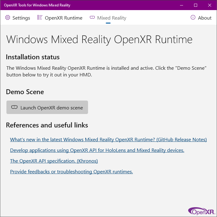 Aplicativo OpenXR Tools for Windows Mixed Reality