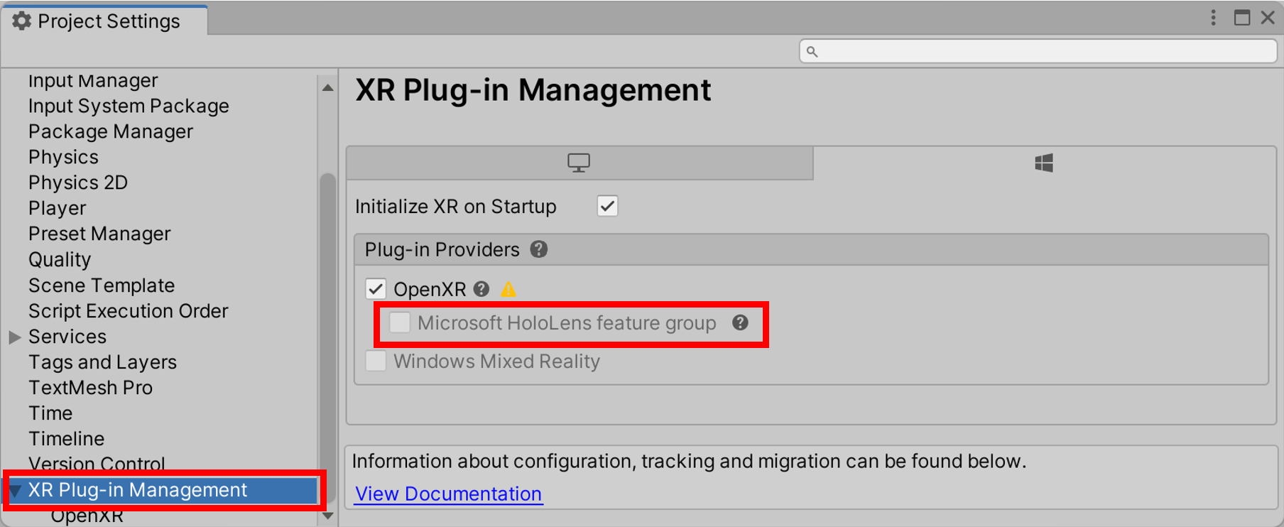 Screenshot of XR Plug-in Management window.