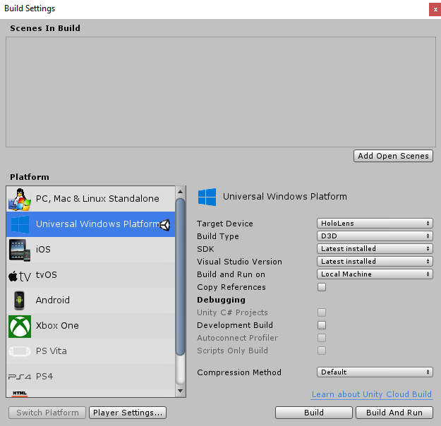 Captura de tela que mostra as opções de configuração de Configuração de Build.