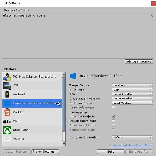 Captura de tela que mostra a caixa de diálogo Configurações de Build.